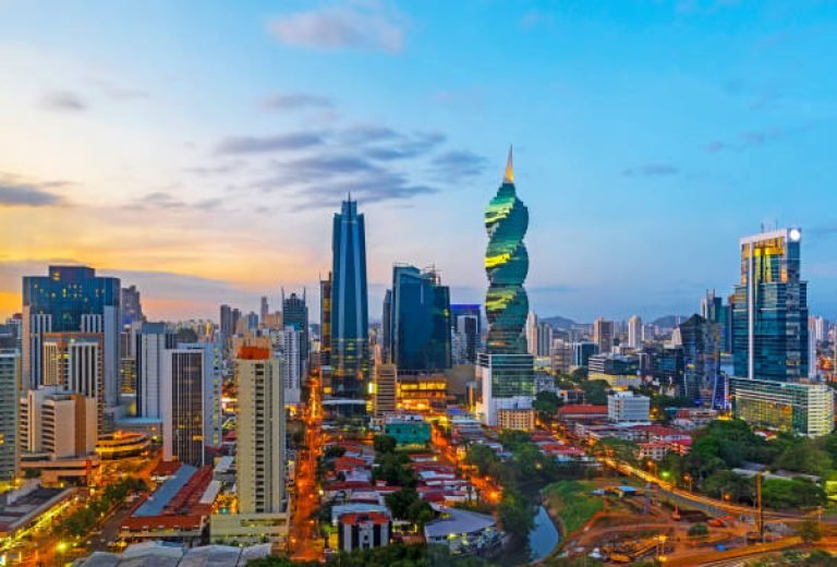 The skyline of Panama City with its skyscrapers in the financial district at sunset, Panama.
